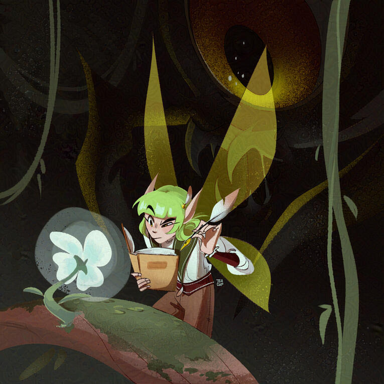 A fairy studies a flower while a monster looms behind her.