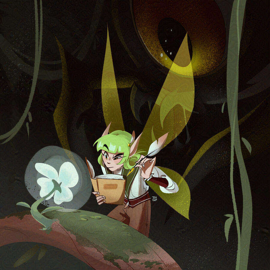 A fairy studies a flower while a monster looms behind her.